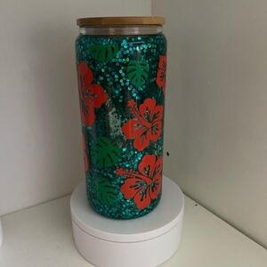 Tropical Floral Glass Jar with Bamboo Lid